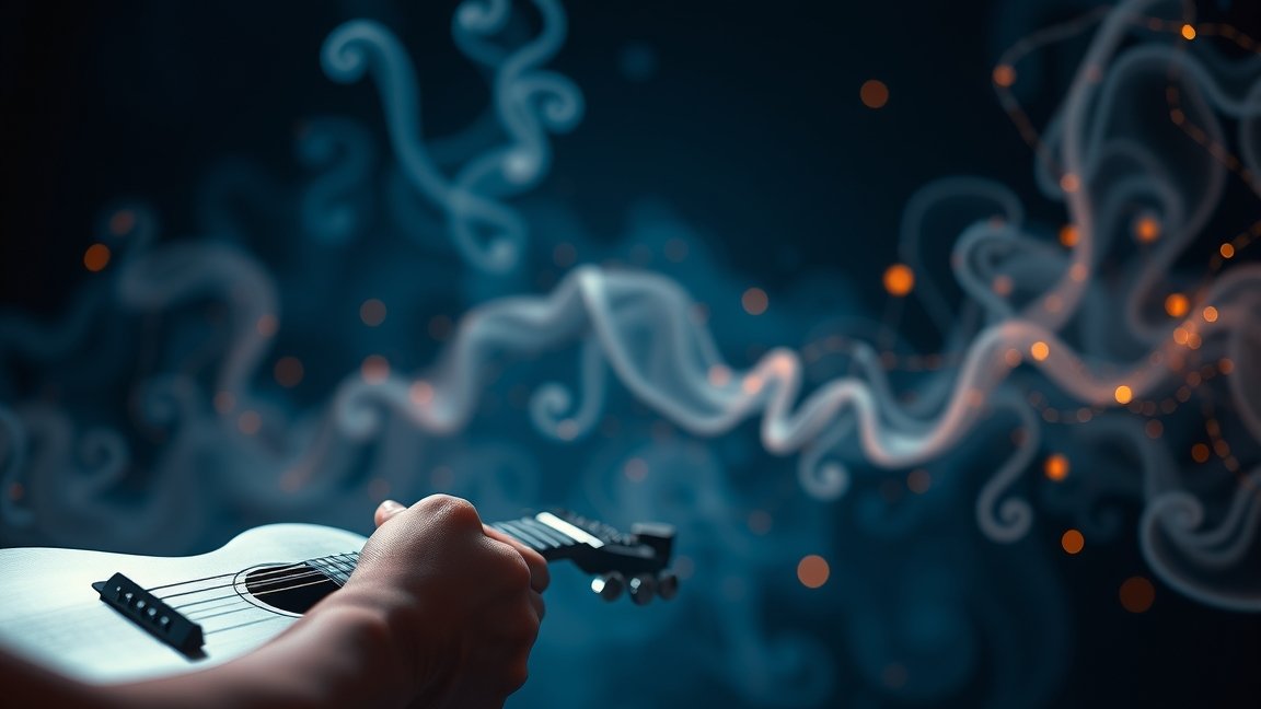 Egy kéz gitározás közben, zenei hullámokkal a háttérben.