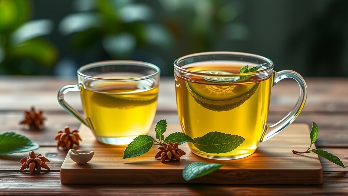 Friss zöld tea citrommal és mentalevelekkel díszítve.