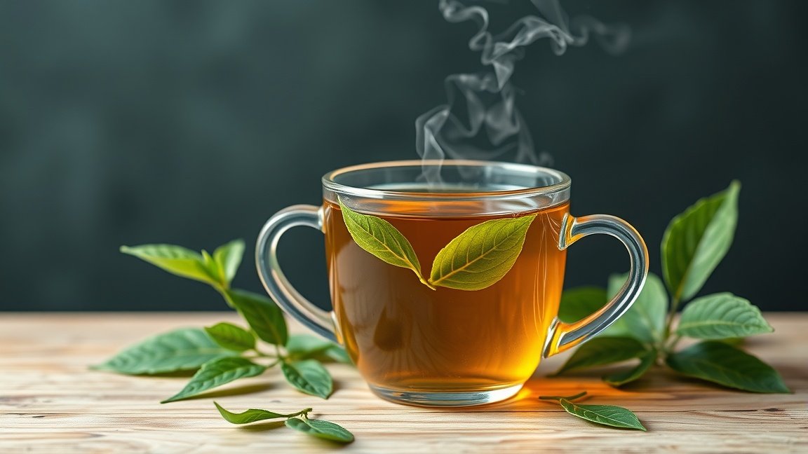 Friss zöld tea gőzölgő csésze és levelek