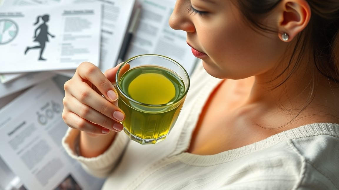 Várandós nő zöld teát iszik, egészséges életmód és kutatás témájában.