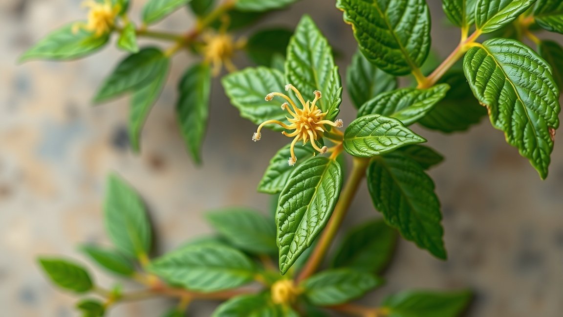 Acmella növény virágának és leveleinek közeli nézete.