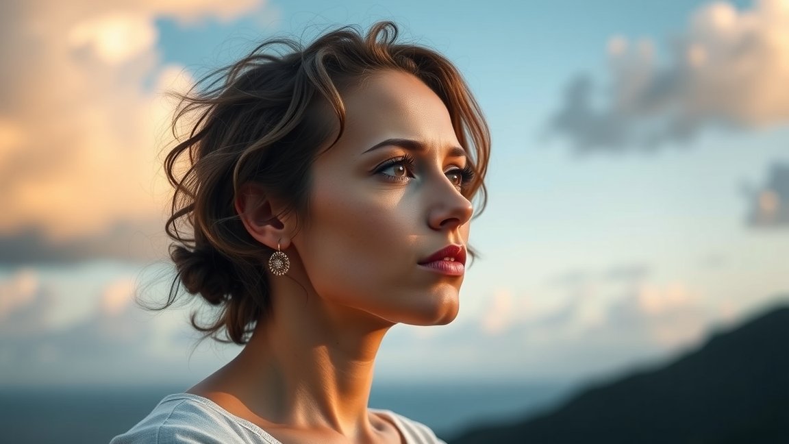 Egy fiatal nő gondolkodva a természetben, életmódváltásra összpontosítva.