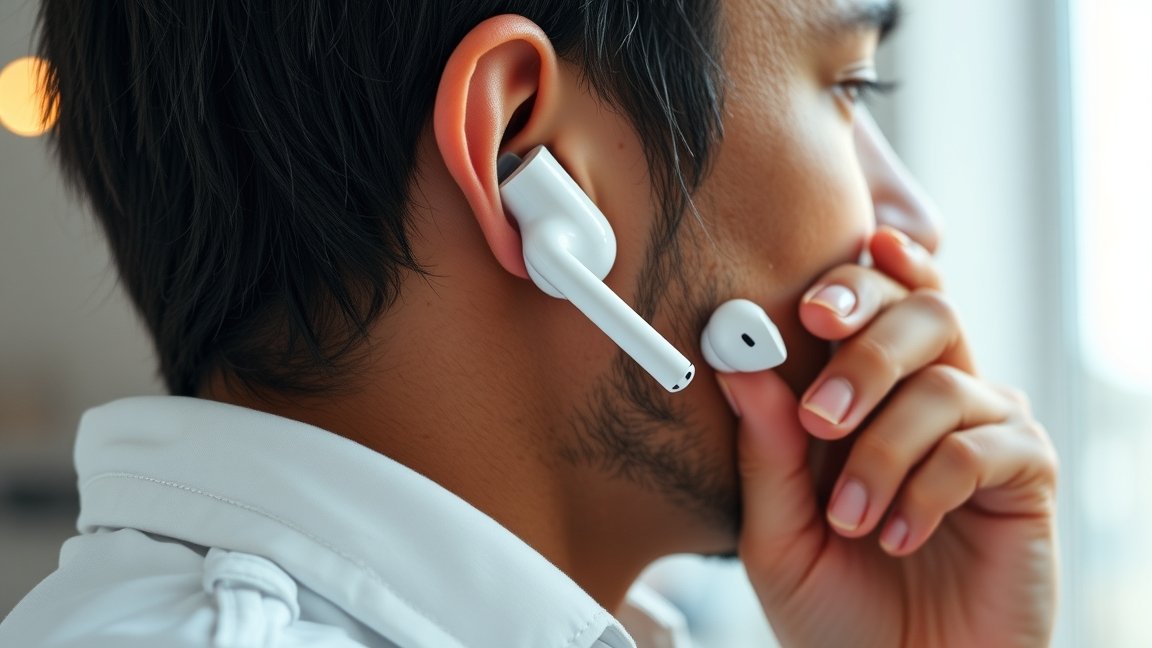 Fiatal férfi AirPods használat közben, csúcstechnológiás audio élményekhez.
