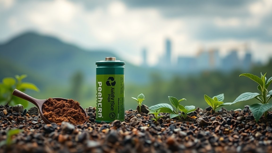 Újrahasznosított akkumulátor és növények, fenntartható jövő felé.