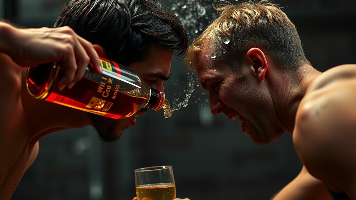 Két férfi alkohol fogyasztás közben, intenzív interakcióval.