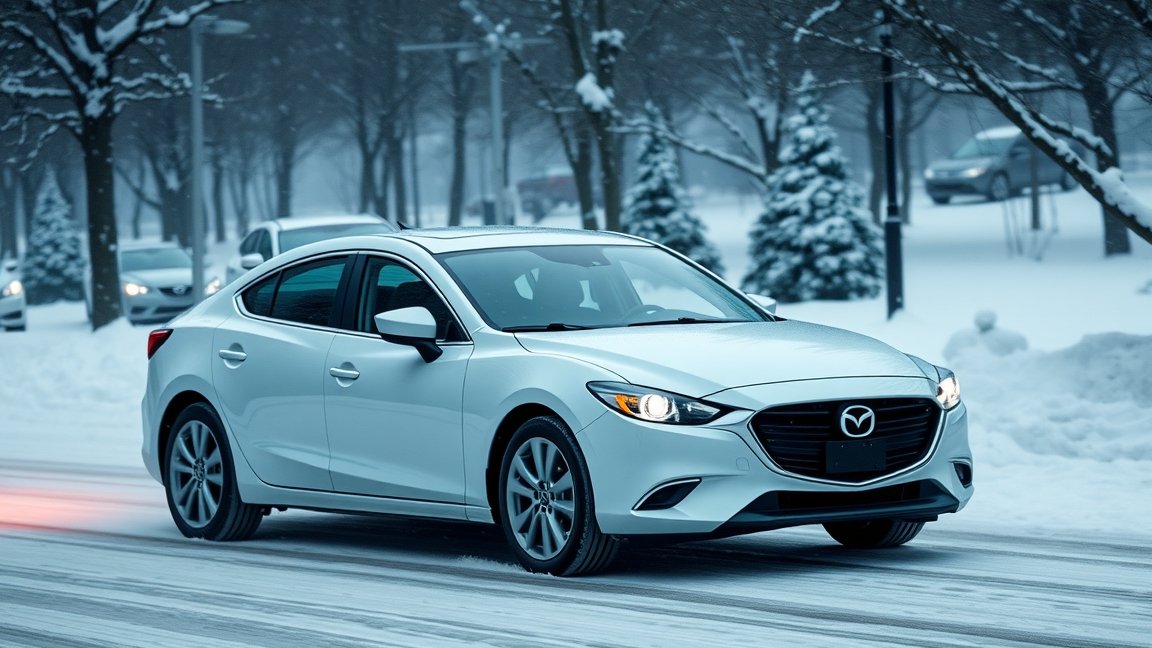 Fehér Mazda 6 autó hóval borított utcán, téli környezetben