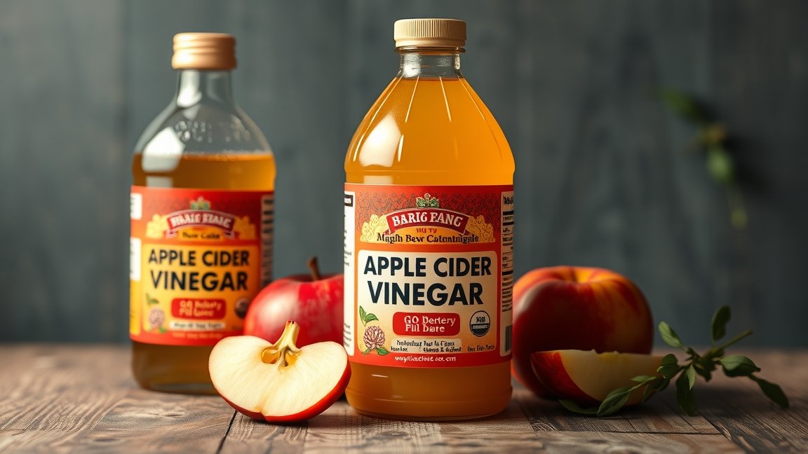 Almaecet üveg és friss alma, egészségügyi előnyökkel.