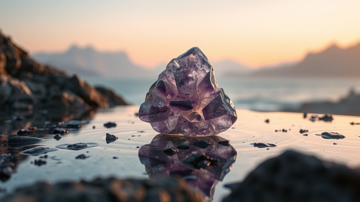 Ametiszt kő a vízparton, naplementében