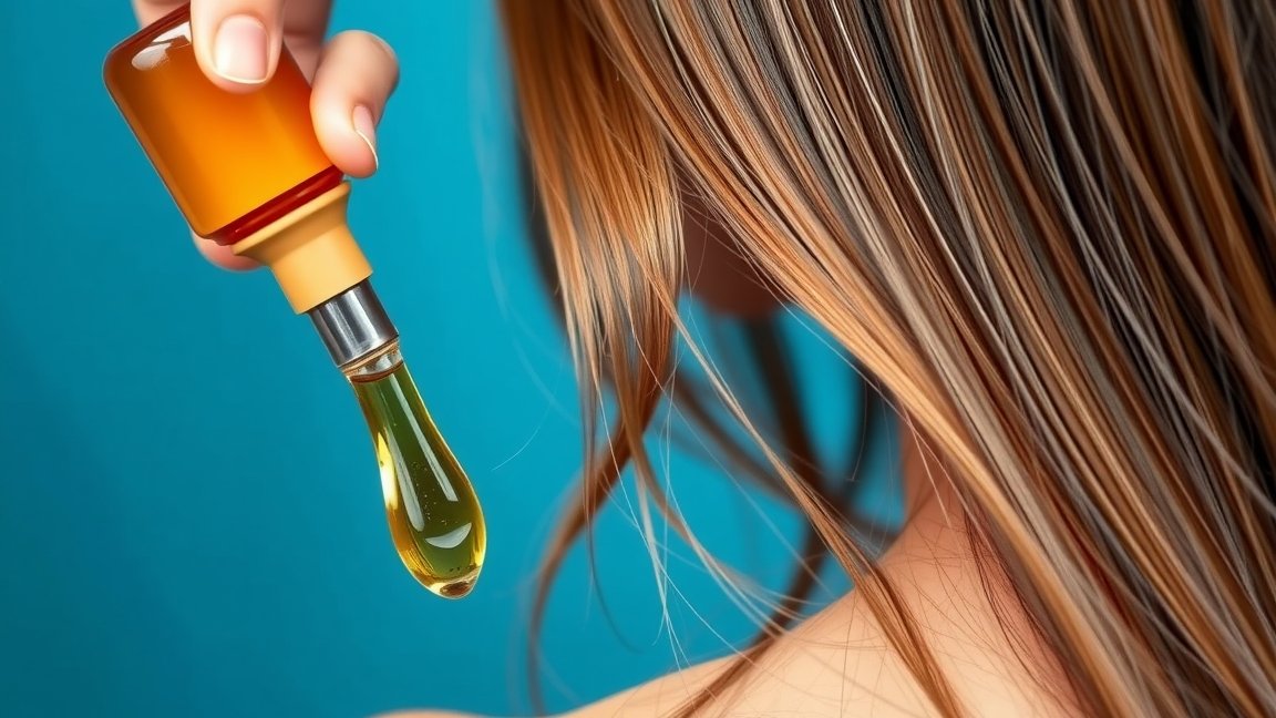 Argánolaj csepegtetés egy nő hajára, egészséges hajápolás.