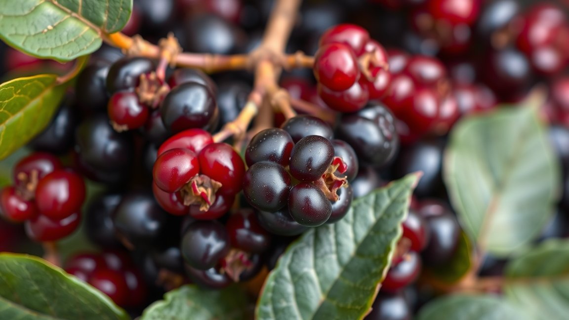 Friss arónia bogyók zöld levéllel, antioxidánsokban gazdag szuperélelmiszer.