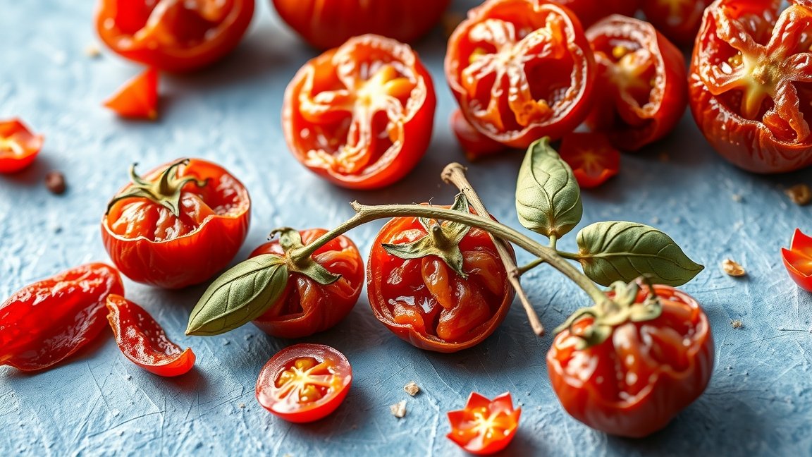 Friss aszalt paradicsom és bazsalikomos levél egy kék háttéren.