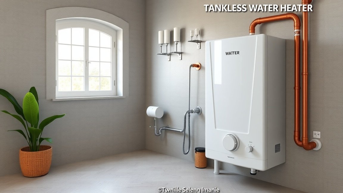 Átfolyós vízmelegítő modern fürdőszobában, energiatakarékos megoldás.