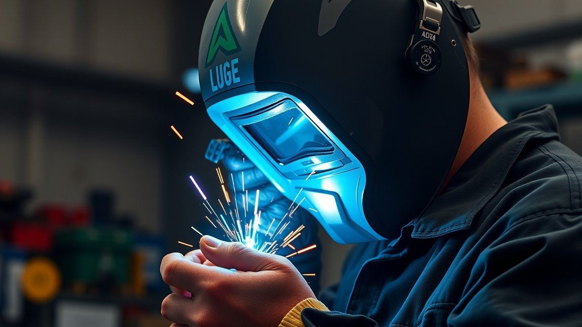 Automata hegesztőpajzs használata hegesztés közben szakmai környezetben.