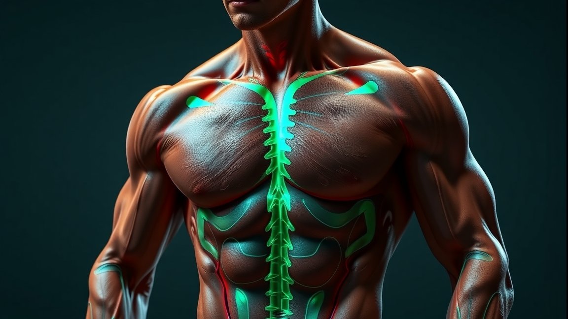 Izmos férfi test ábrázolása, amely az izomnövelésre utal.