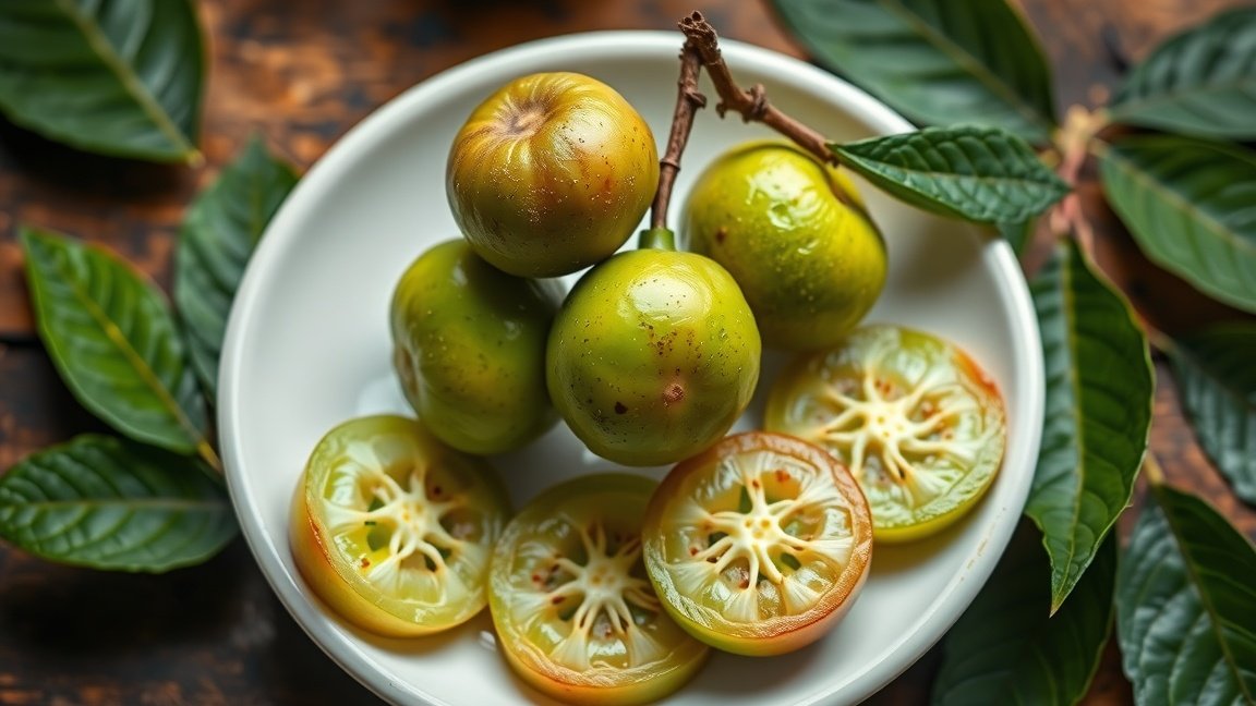 Friss amla gyümölcs zöld levelekkel, egészséges táplálkozásra utalva.