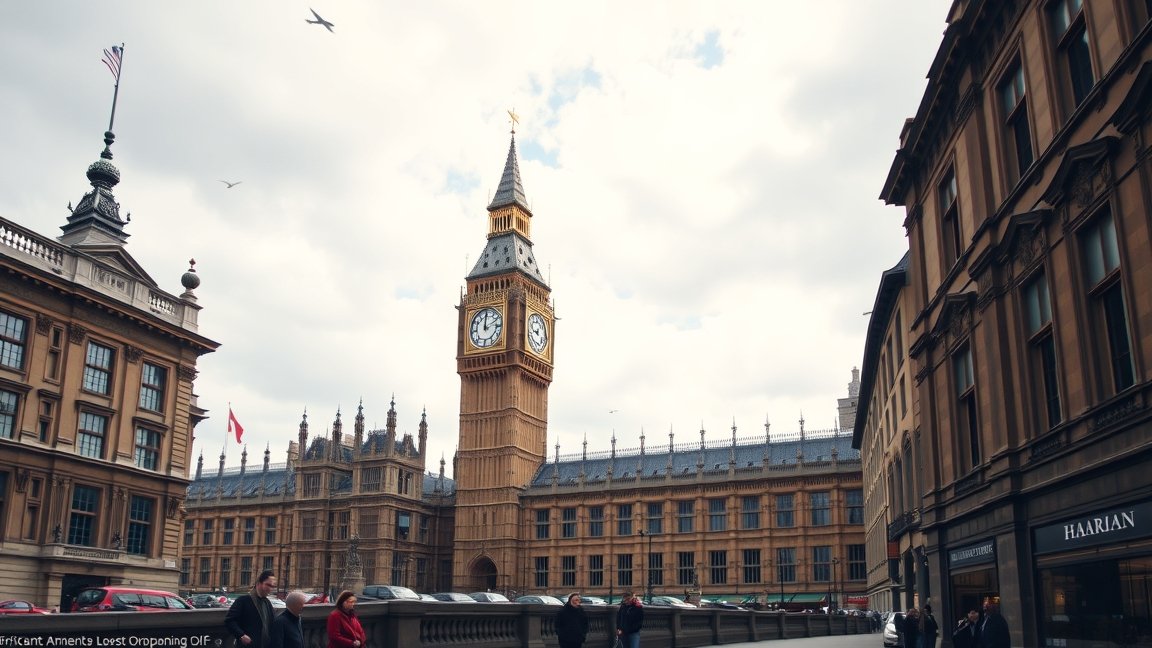 Az angol parlament épülete és a Big Ben Londonban, felhős időben.