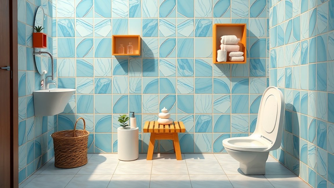 Modern fürdőszoba képe, világoskék csempe és praktikus tárolók.