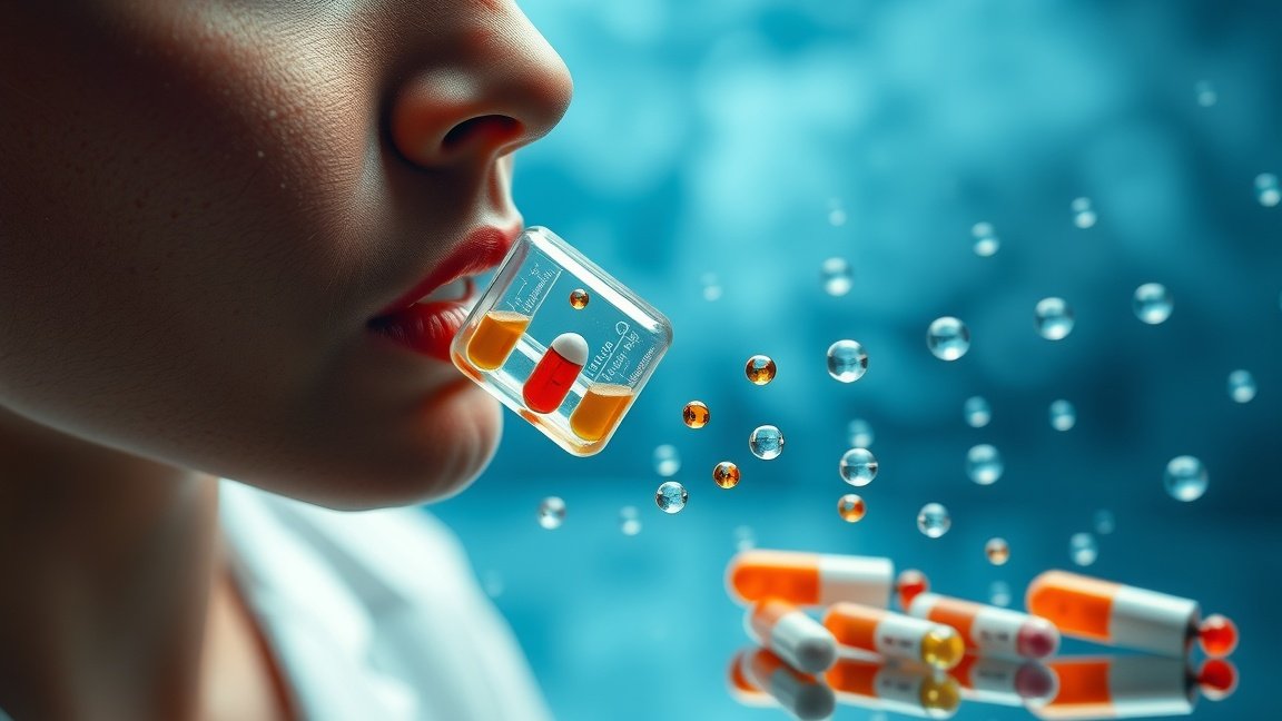 Közelkép egy szájban lévő gyógyszerről és lebegő tablettákról.