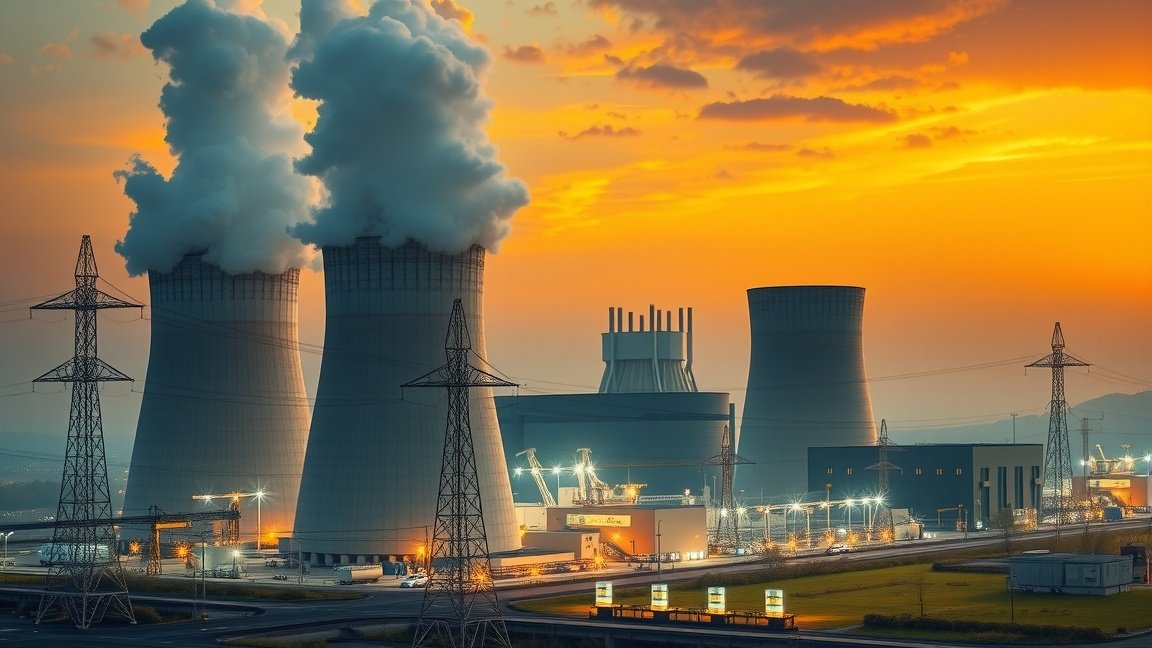 Atomerőmű és gőzfelhők a naplementében, energiaforrások