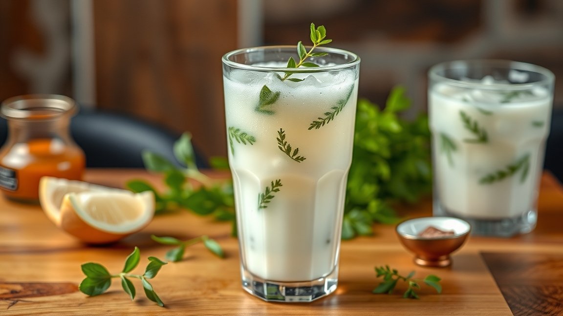 Friss ayran egy pohárban, gyógynövényekkel díszítve.