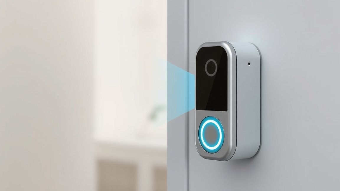 Modern elektromos csengő a bejárati ajtón, okosotthon technológia.