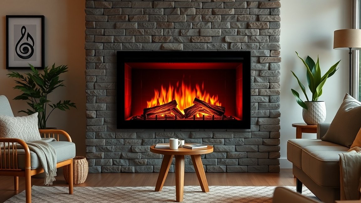 Modern elektromos kandalló a nappaliban, tűzzel és fűtéssel.