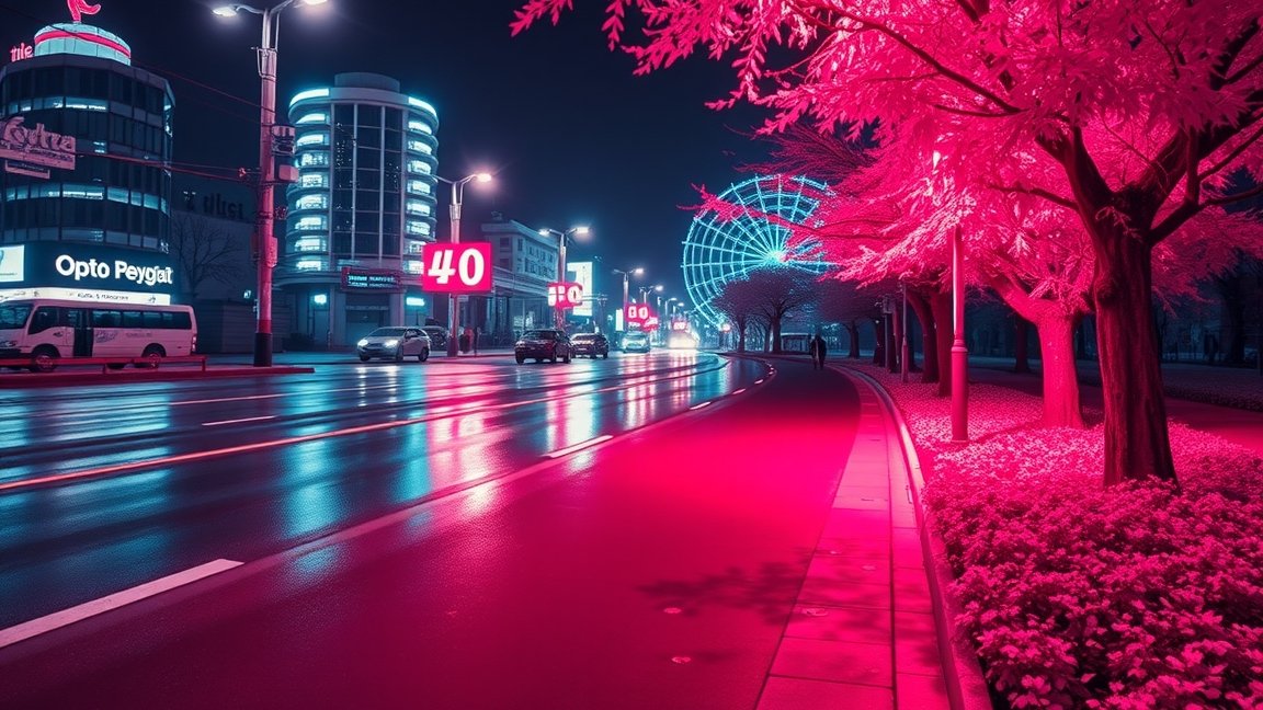 Infravörös fényben világító városi táj éjszaka.