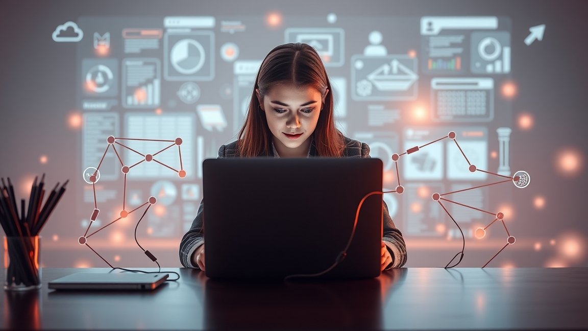 Fiatal nő számítógép előtt, online oktatás és munka közben