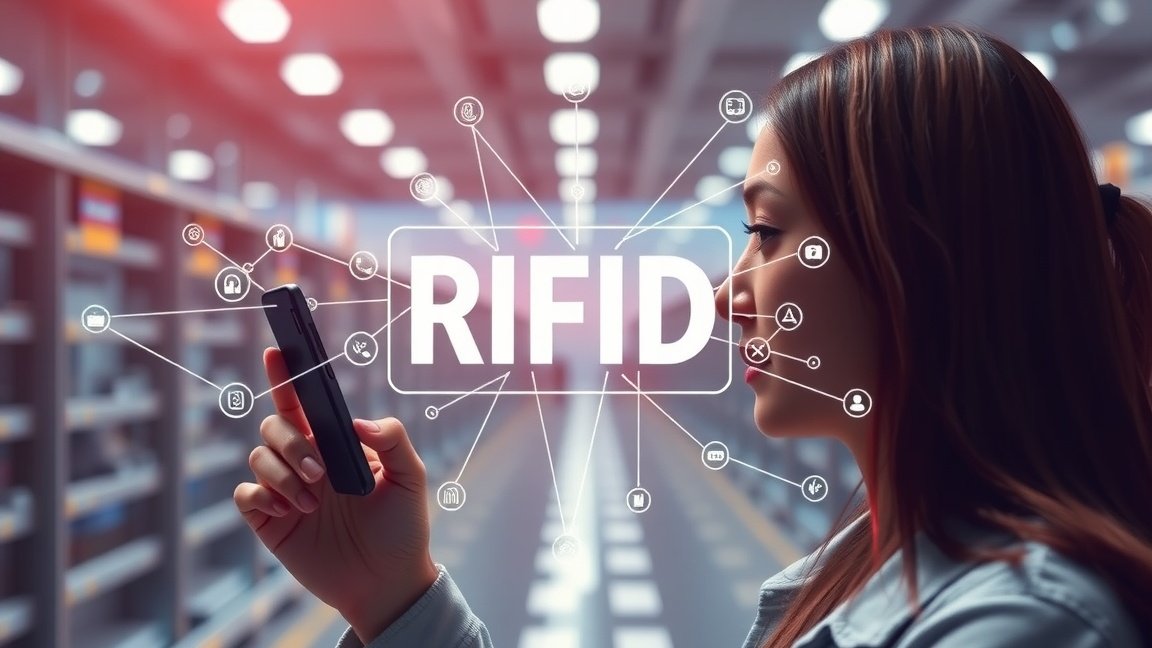 Nő RFID technológiát bemutató telefon használatával