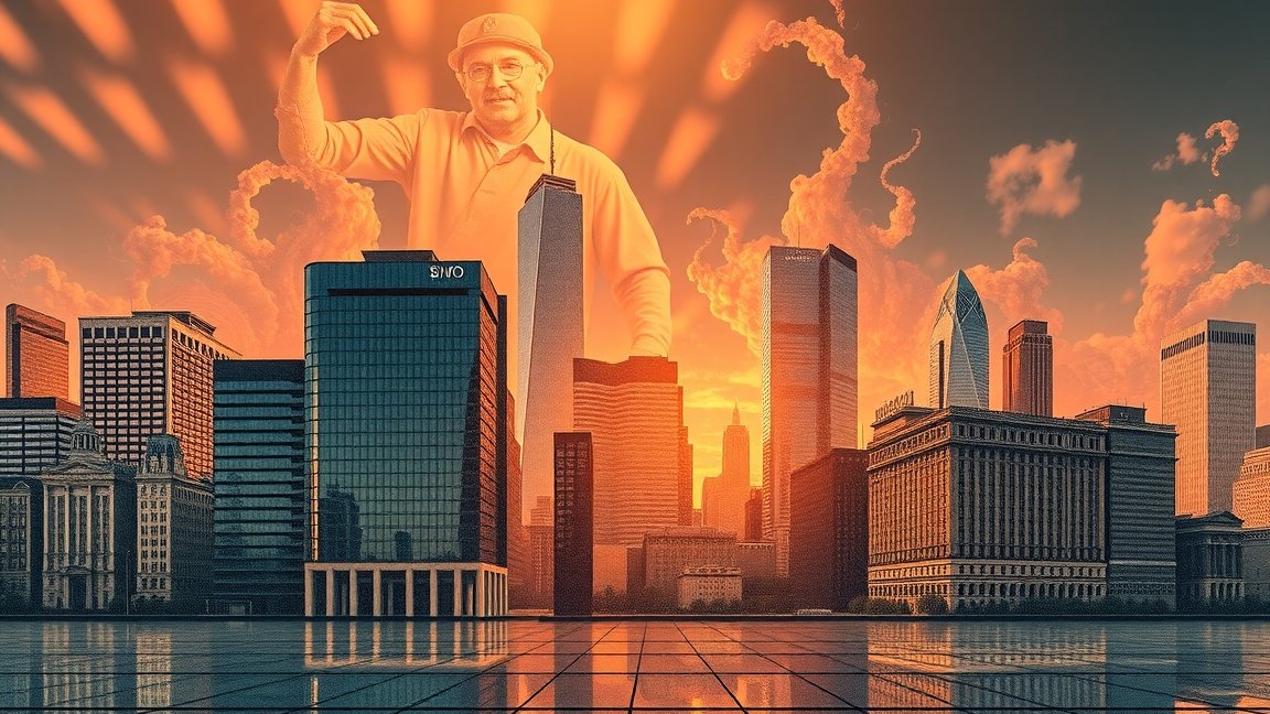 Épületek városi tája naplementében, SZJA és gazdaság szimbolikája.