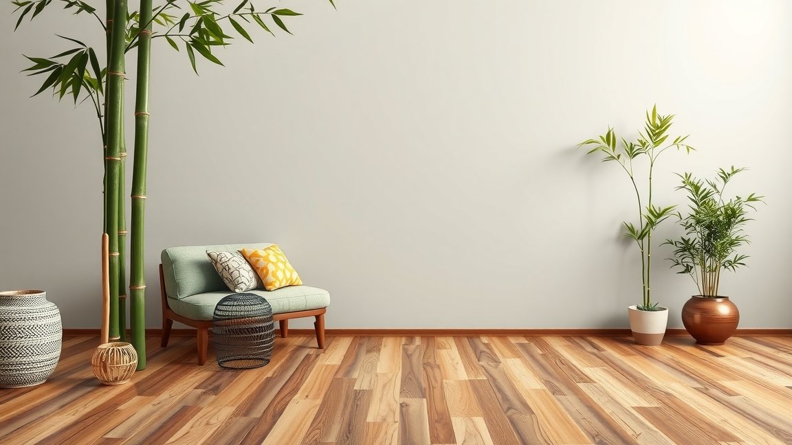 Bambusz parketta és modern nappali bútorok