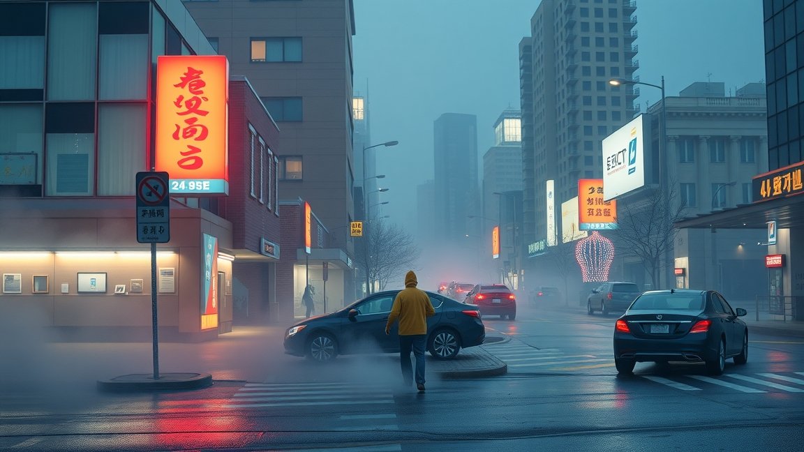 Városi táj ködben, benzingőz veszélyeivel