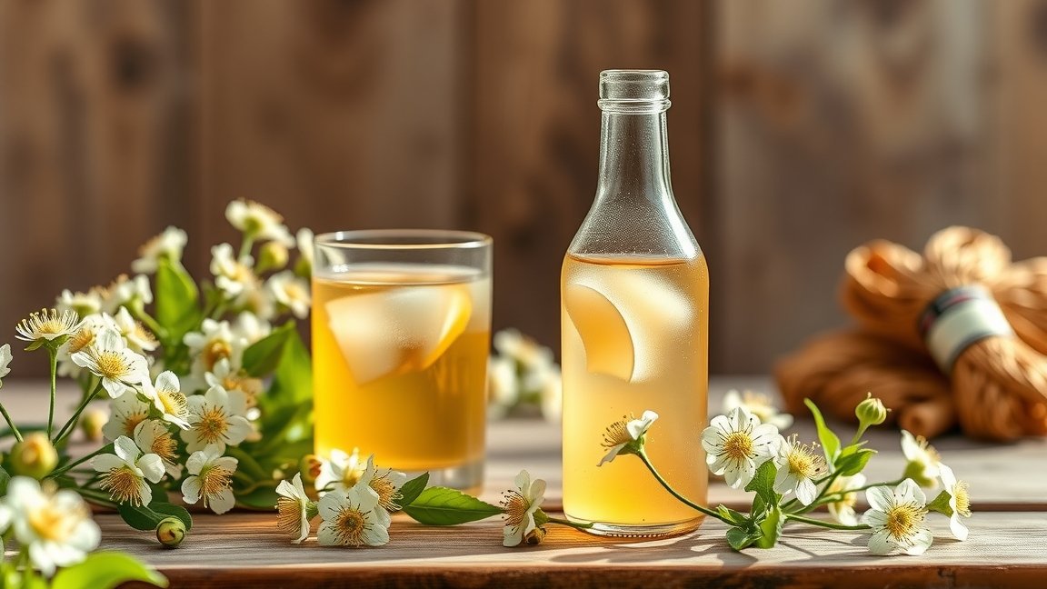 Frissítő bodzaszörp jégkockákkal és bodzavirágokkal.