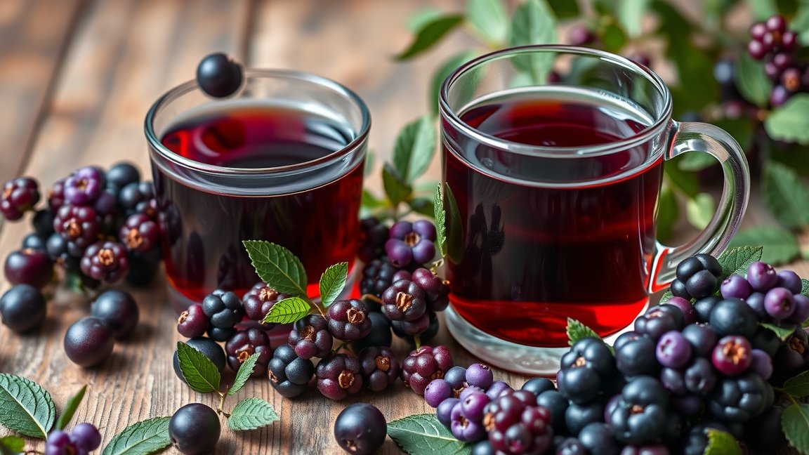 Két csésze bodzatea friss bogyókkal díszítve egy fából készült asztalon.