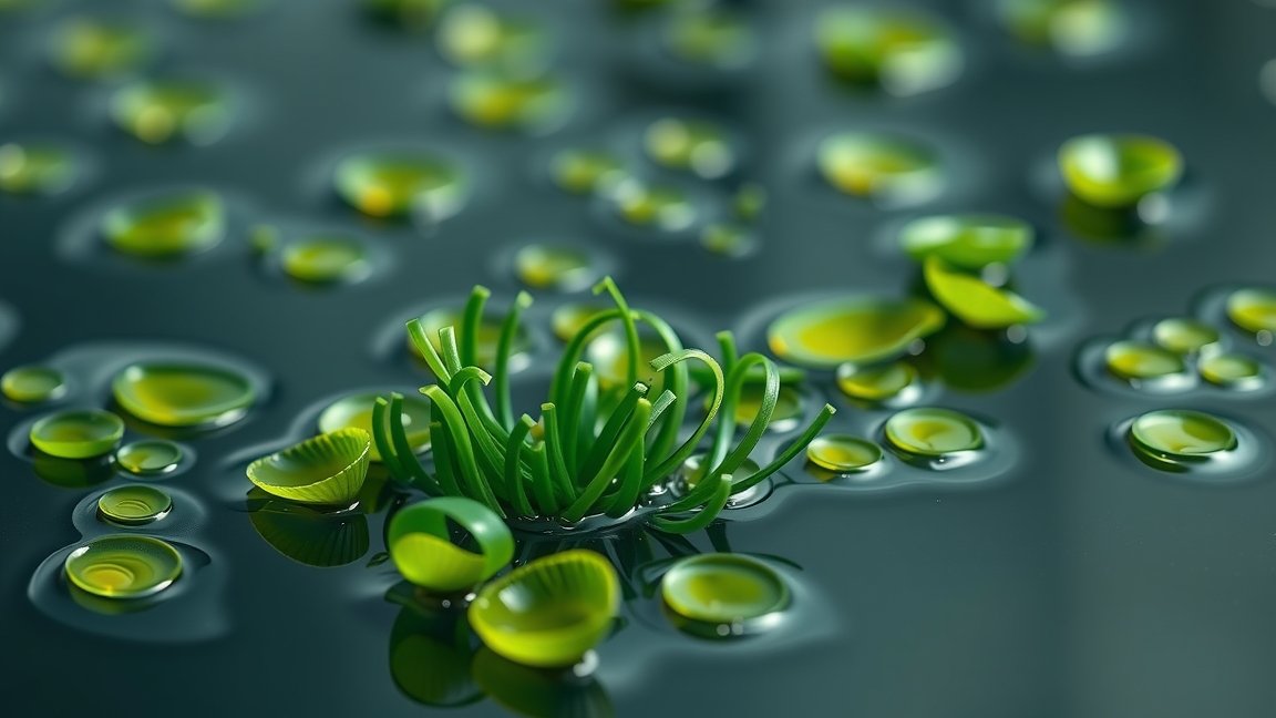 Chlorella mikroalga zöld levelei vízfelületen