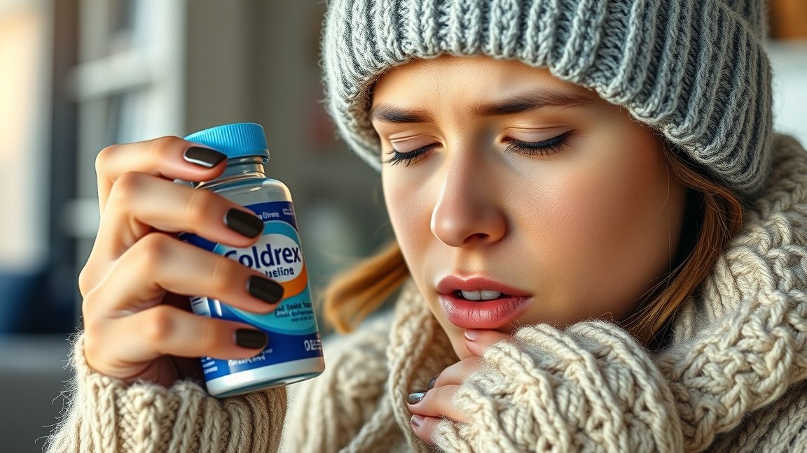 Egy nő Coldrex gyógyszert tart kezében, fejfájás ellen.