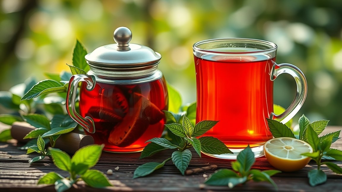 Csalántea csészében és teáskannában friss növényekkel körülvéve