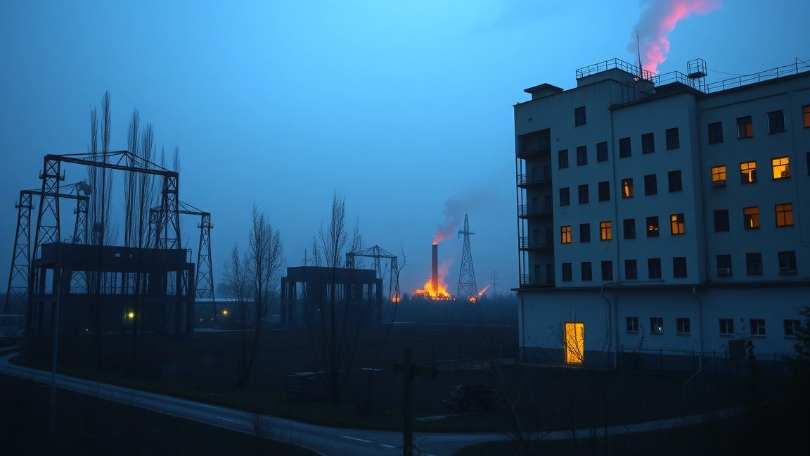 Csernobil katasztrófa helyszíne éjszakai fényekkel és füsttel