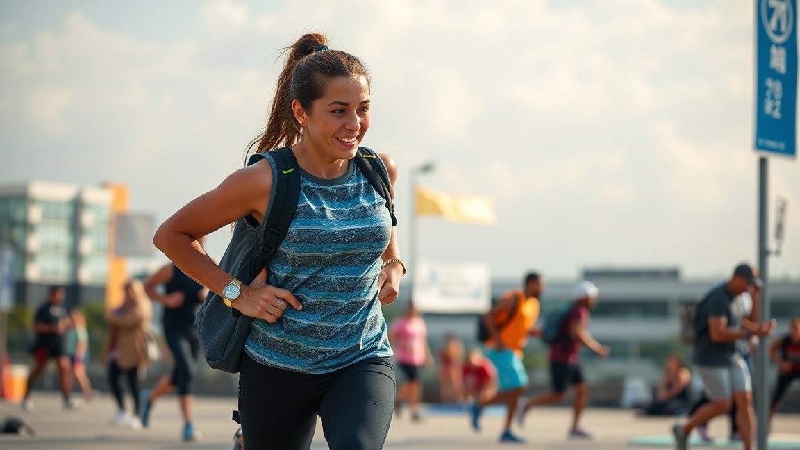 Fiatal nő futás közben, sportos ruházatban, Decathlon hűségkártya kontextusában.