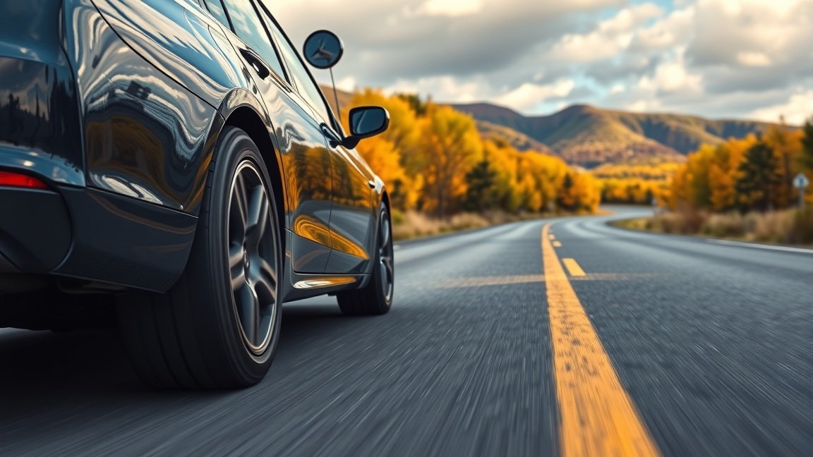 Defekttűrő gumiabroncsokkal rendelkező autó a szép tájon