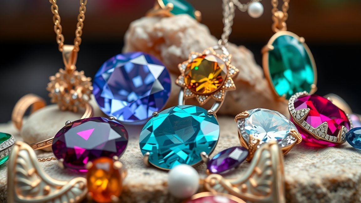 Színes ásványékszerek különböző formákban és kövekkel.