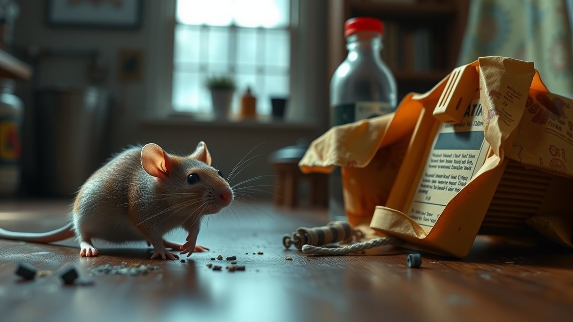 Egerésző egér és egérméreg a háztartásban, veszélyes helyzet.