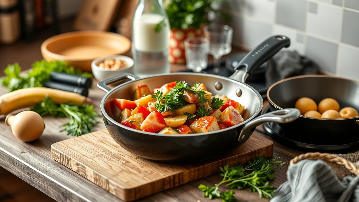 Friss zöldségek kerámia serpenyőben, egészséges főzés otthon.