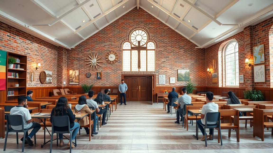 Egyházi iskola tanterme diákokkal és tanárral az oktatás során.