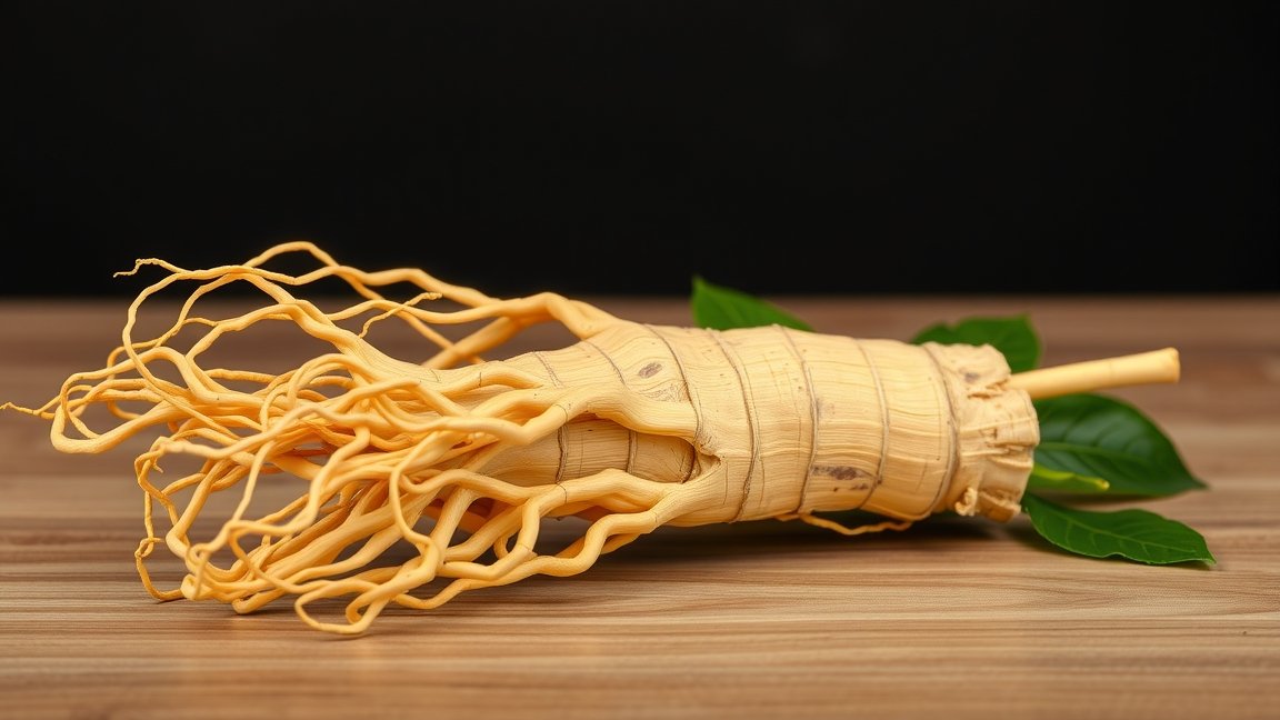 Szibériai ginzeng gyökér a faasztalon, zöld levelek társaságában.