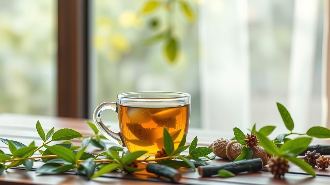 Epe tea in a glass cup surrounded by green leaves on a wooden table.