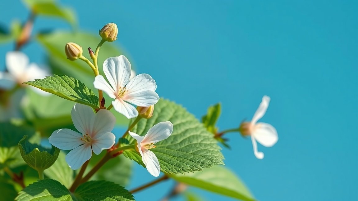 Erdei mályva virágok zöld levelekkel a kék háttér előtt.