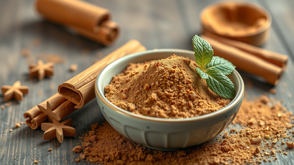Fahéjpor, fahéjrudak és friss menta levelek egy tálban.