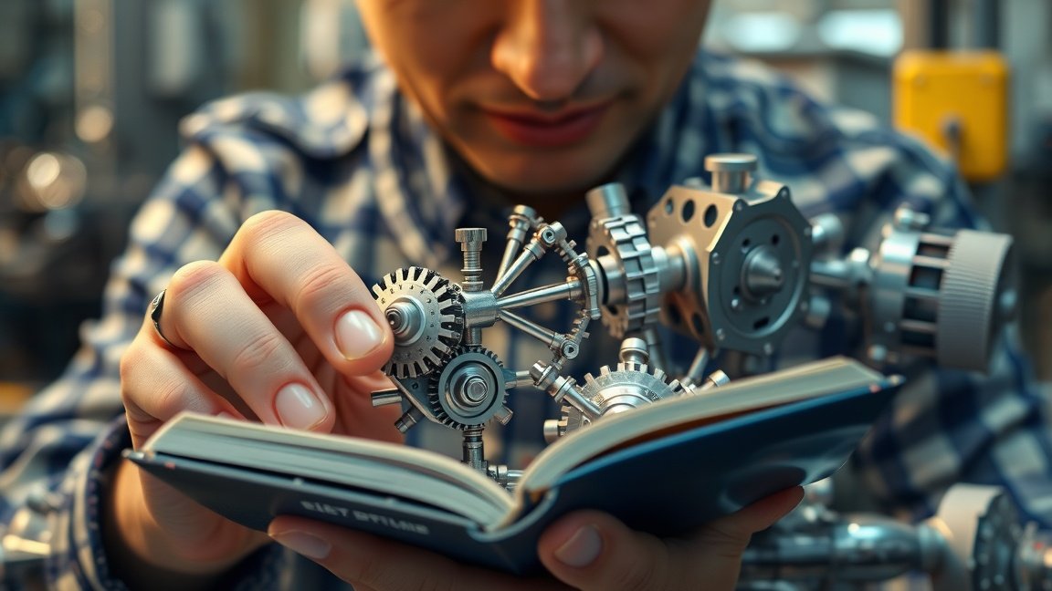 Férfi, aki egy interaktív könyv mellett bonyolult szerkezeteket tanulmányoz.