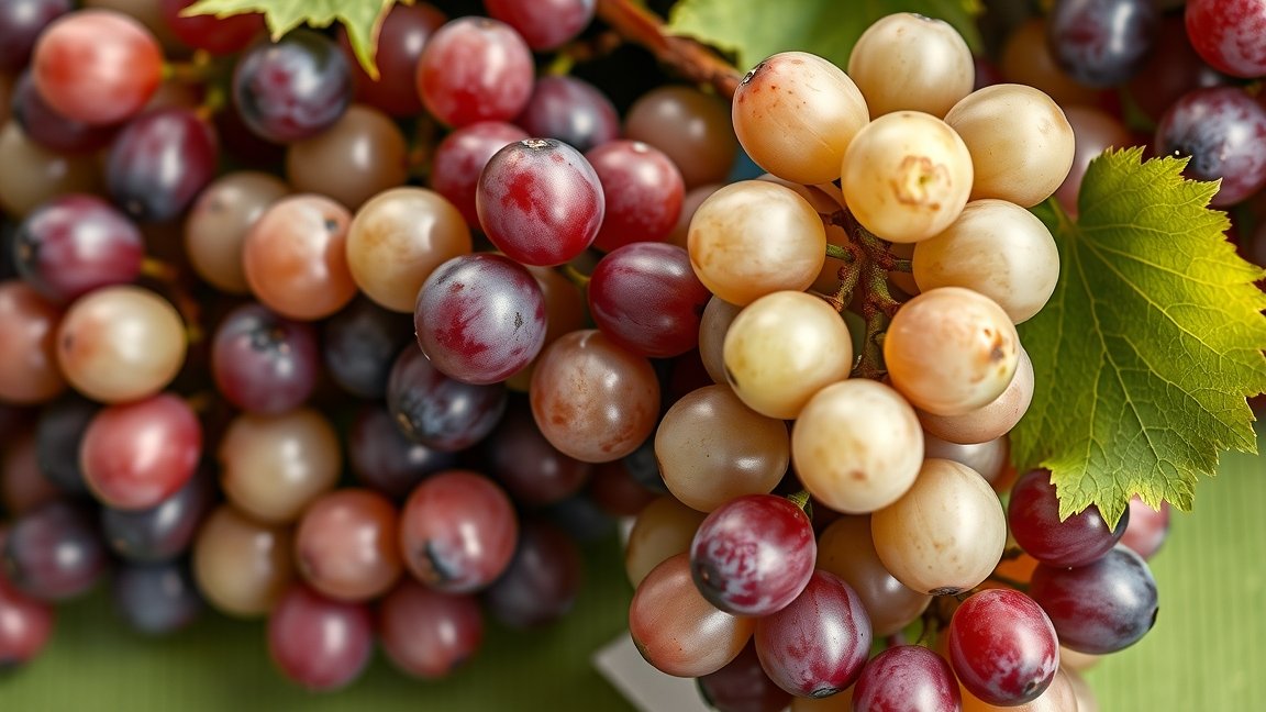 Friss fehér szőlő fürtök és levelek közelről